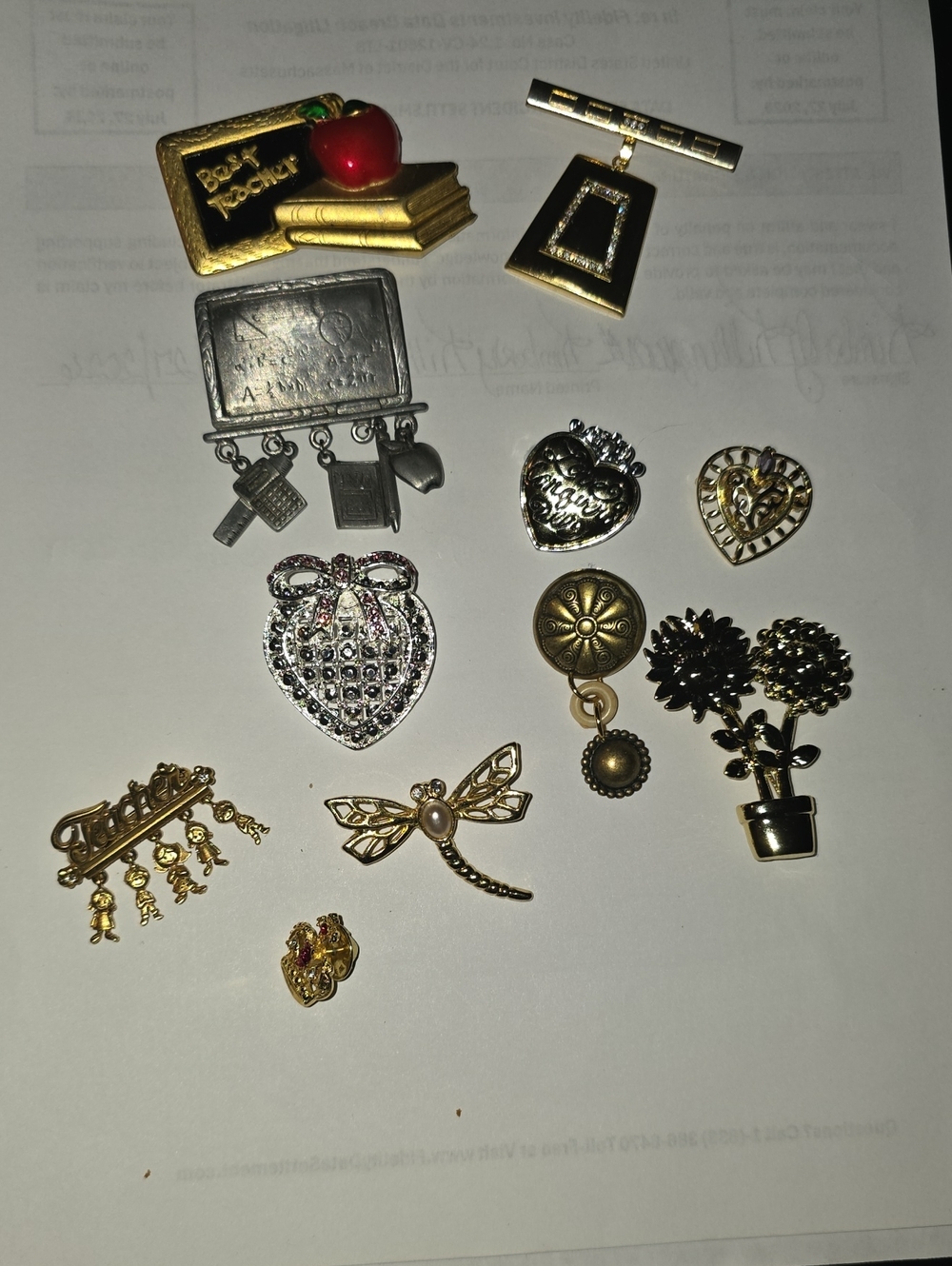 Mixed Gold & Silver Decorative Brooch Set - Heart, Floral & Novelty Pins